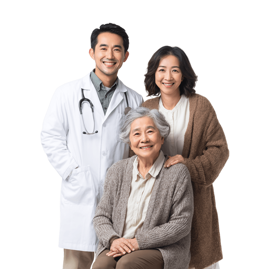 Asian doctor, patient, and family caregiver