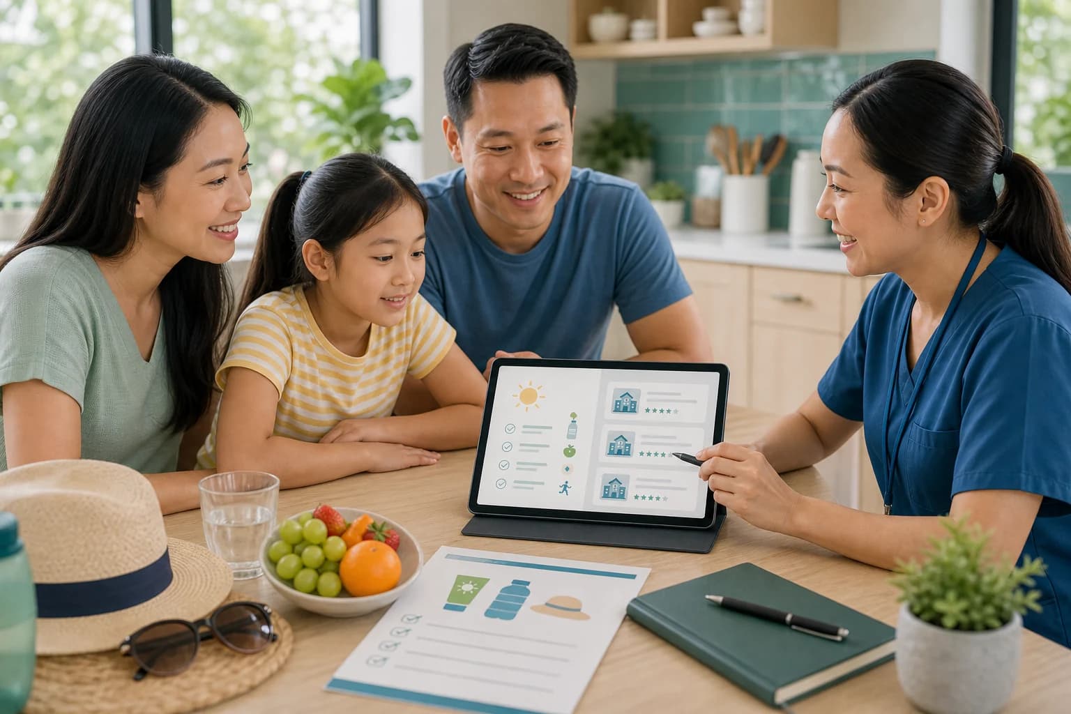 Asian American family reviewing summer health tips and clinic options