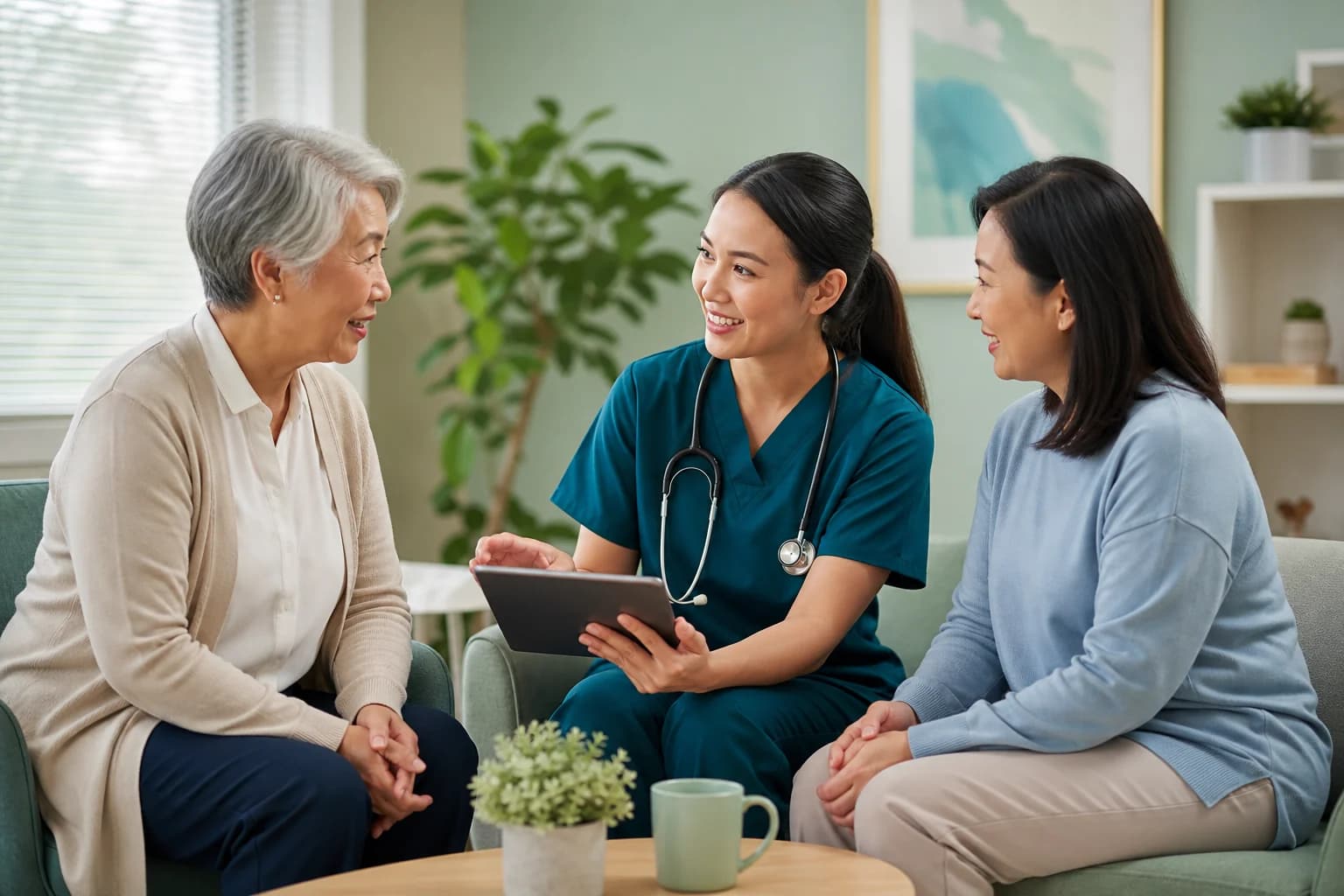 Healthcare professional discussing care with an older patient and family caregiver
