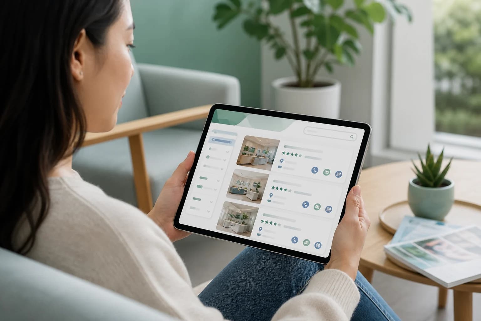 Patient browsing a clinic profile on a tablet