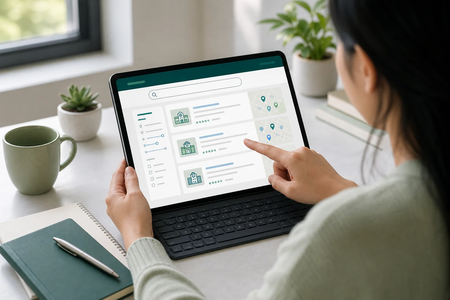 Patient searching a clinic directory on a tablet